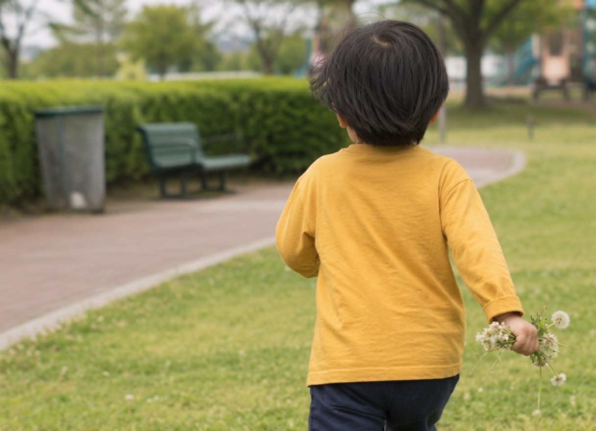 公園の芝生を駆けていくお子様の後ろ姿